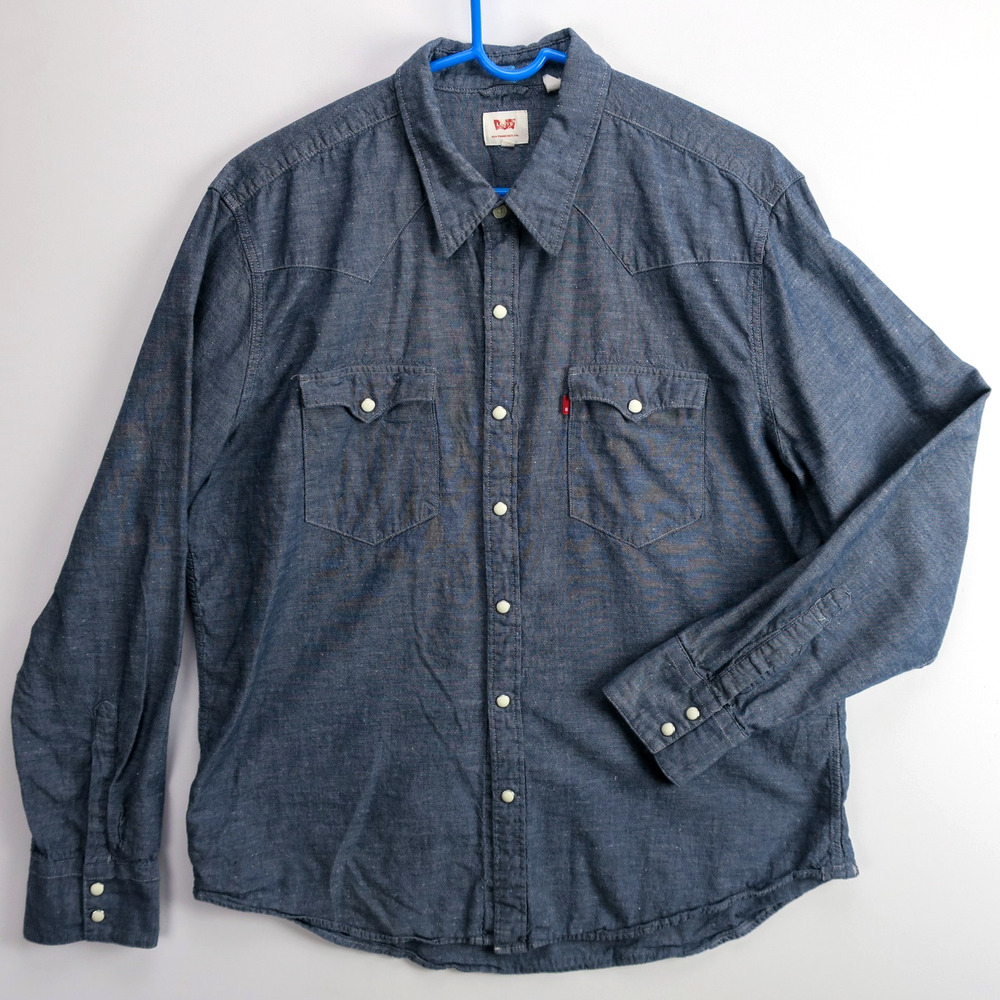 Levi’s Men’s XL Western Pearl Snap Shirt Blue Chambray 100% Cotton Cowboy